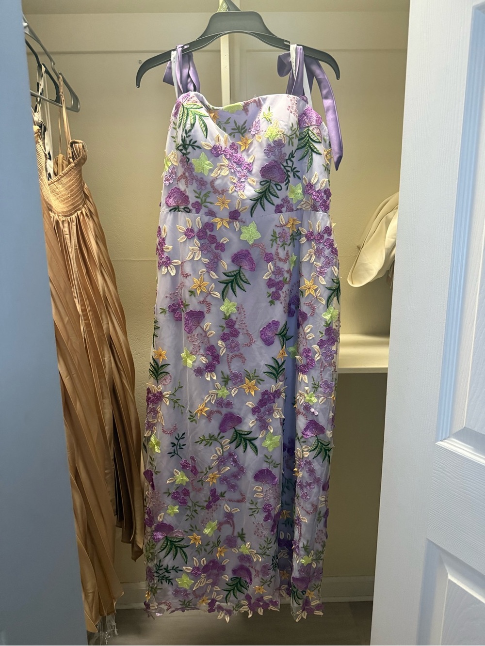 Azazie Lavender Floral Tie-Shoulder Embroidered Maxi Dress
